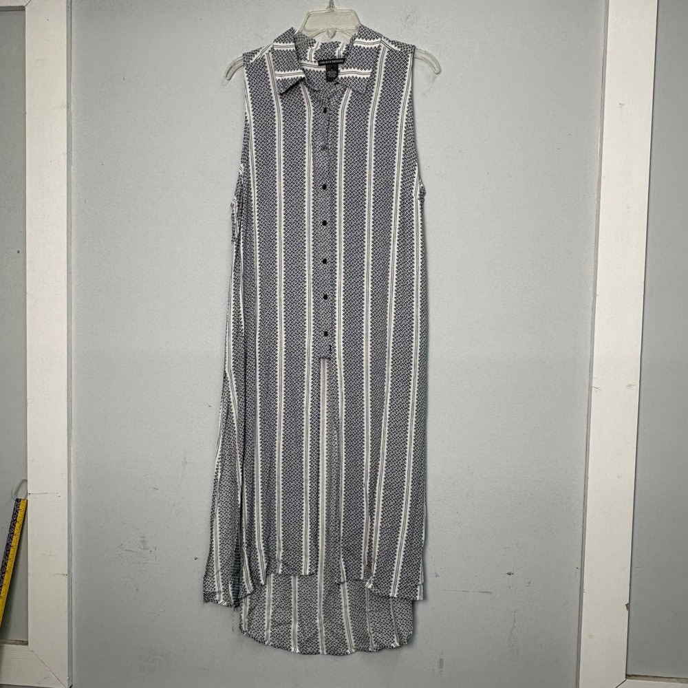 Chelsea & Theodore Navy White Geometric Stripe Sleeveless Maxi Shirt L